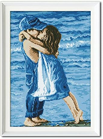DIY Counted Cross Stitch Kits Handmade Needlework Embroidery Set Home Decor, Precise Printed Oil Painting Style First Kiss/Blue Seaside Lovers, 37x52 cm (14.4x20.3 inch)