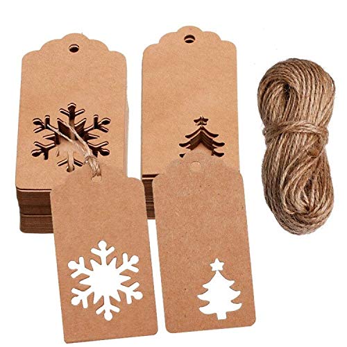 100 Pieces Paper Gift Tags Kraft Hang Labels Christmas Tree Snowflake Shape Hanging Labels with 10 Meters Twines for Christmas Wedding Birthday Kraft Paper Color