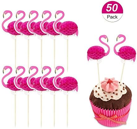 Winko 3D Pink Flamingo Cupcakes Party Supplies Toppers Food Picks Party Cocktail Tropical Cupcake Picks Decoration (50 Pack)