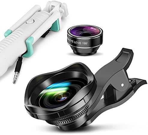 Cell Phone Camera Lens, AUSATON 3 in 1 iPhone Camera Lens Kit with Selfie Stick, 0.6x Wide Angle Lens, 12x Macro Lens, 198° Fisheye Lens Set for iPhone7/7 Plus/6s Plus/6/5/4, Samsung and Smartphones
