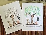 Customizable woodland animal fingerprint tree guestbook for a woodland animal themed baby shower, featuring a tan owl, doe, fawn, raccoon and fox.