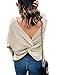 Sexyshine Women's Deep V Neck Criss Cross Backless Long Batwing Sleeve Loose Knitted Sweater Pullovers, Apricot