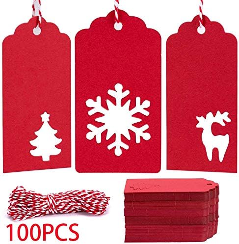Christmas Red Gift Tags Kraft Paper Xmas Gift Tags with Holes Twine Tag Gift Label Kraft Paper Bulk Deer Snowflake Christmas Tree Red Small Paper Gift Tags 100pcs