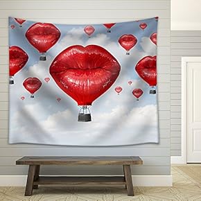 Love Balloons as a Hot Air Balloon Made of Human Red Lips Soaring Up to The Blue Sky - Fabric Wall Tapestry Home Decor - 51x60 inches