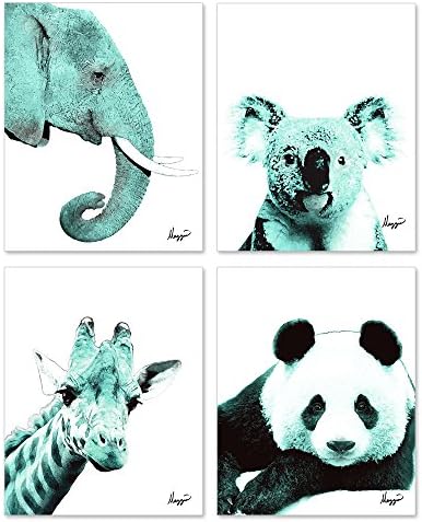 Teal Elephant, Panda, Koala, Giraffe -Teal Animals Color Accent Theme Bundle! Four Stylish 8x10 Wall Decor Prints in a Set. Perfect for Baby's Room, Kids Room & Nursery Decoration!
