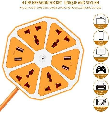 Wemake Extension Board 4 USB Ports 1.3 M Cable Adapter Multi Switched Socket Hexagon Charging Station EU Plug 4 Sockets + 4 USB Ports Multi Plug Use for Home/Office (Random Colour)