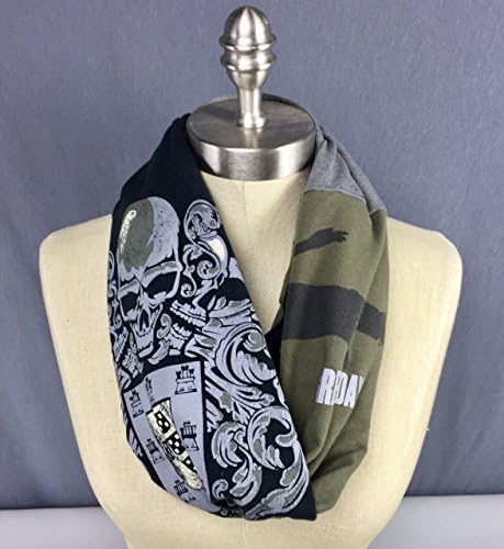 Goth Style Handmade Infinity Scarf, One Of A Kind from Upcycled T shirt Graphics, in Moss Green, Black and Gray