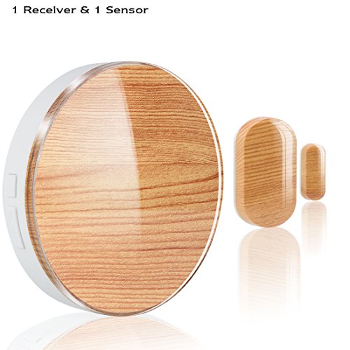 Heiyo Wireless Door Sensor Chime Wood Grain Series-1 Magnetic Door Sensor and 1 Remote Receiver with Operating at 260-feet/52 MP3 Chimes/ 4-Level Volume for Home/Office/Stores or Other