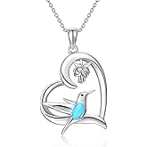 BETHZA Hummingbird Necklace 925 Sterling Silver Heart with Flower Pendant Genuine Turquoise Gemstone Hummingbirds Animal Jewelry Gifts for Women