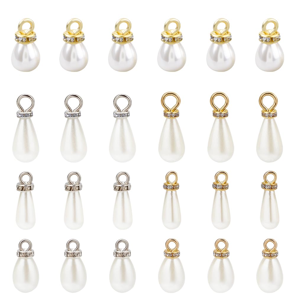 CHGCRAFT 96pcs 2colors 4Sizes Teardrop Shape Pearl Charms Faux Pearl Plastic Beads Charms with Silver Gold Rhinestone for Dangle Necklace Earrings Bracelets Decoration 19-28.5x7.3-9.5mm