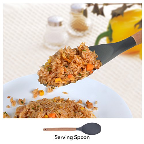 SAVORLIVING Silicone Kitchen Utensil 5 Pieces Set with Wooden Handle, Cooking Tools including Spatula,Turner, Soup Ladle, Serving Spoon,Slotted Spoon, 7.9 inches , Grey