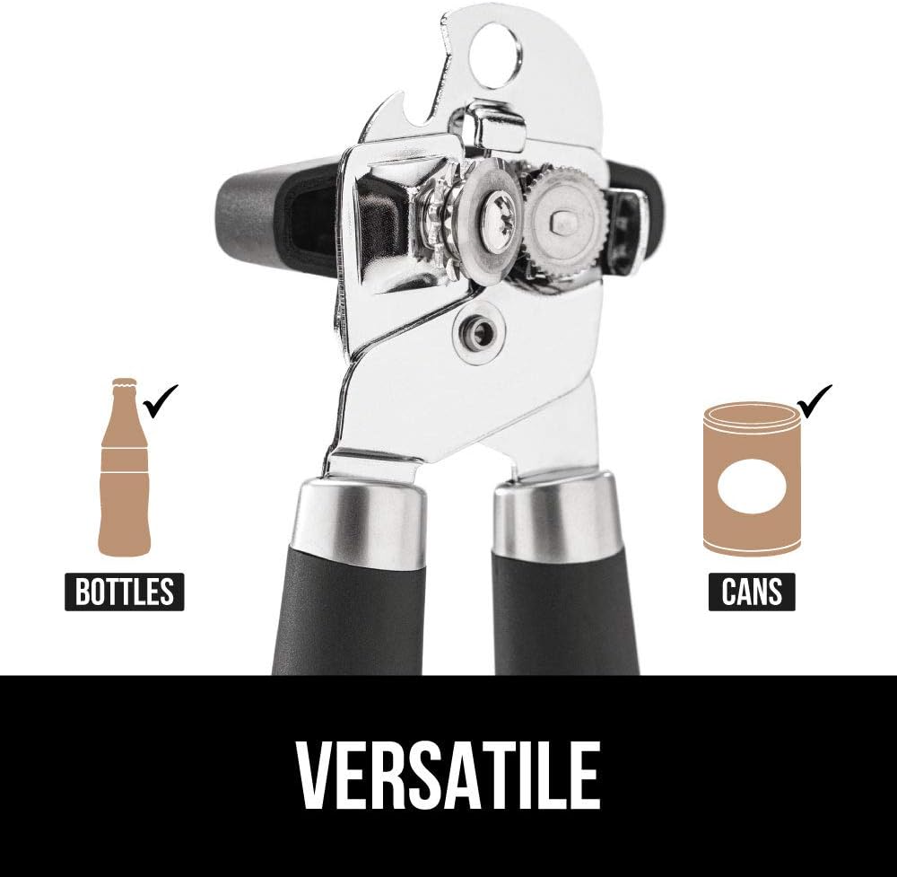Gorilla Grip Manual Can Opener, Handheld Comfortable Grip, Oversized Easy Turn Knob, Built in Bottle Opener, Hangs for Convenient Kitchen Storage, Blades Easily Open Tin Cans for Smooth Edge, Gray: Kitchen & Dining