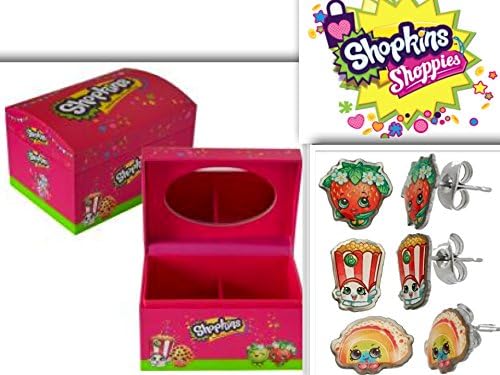 Adorable Shopkins Fashionista Jewelry &amp; Trio Earring Value Bundle: 2 Items- 1 Adorable Small Pink Jewelry Box With Mirror &amp; 2 Compartments &amp; 3 Pack of Earrings (Strawberry Kiss, Poppy Corn, Rainbow Bite)