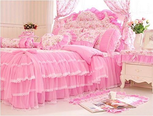 Cooperation Home Textiles, Luxury Korean Style Floral Pattern Princess Bedding Set, Pink Lace Ruffle Duvet Cover Set, Girl Lovely Bedding Set (Twin)