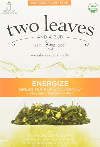 Two Leaves and a BudOrganic Energize Green Tea Bags, Green Tea for Endurance, Whole Leaf Green Tea in Sachets, 15 Count (Pack of 1)