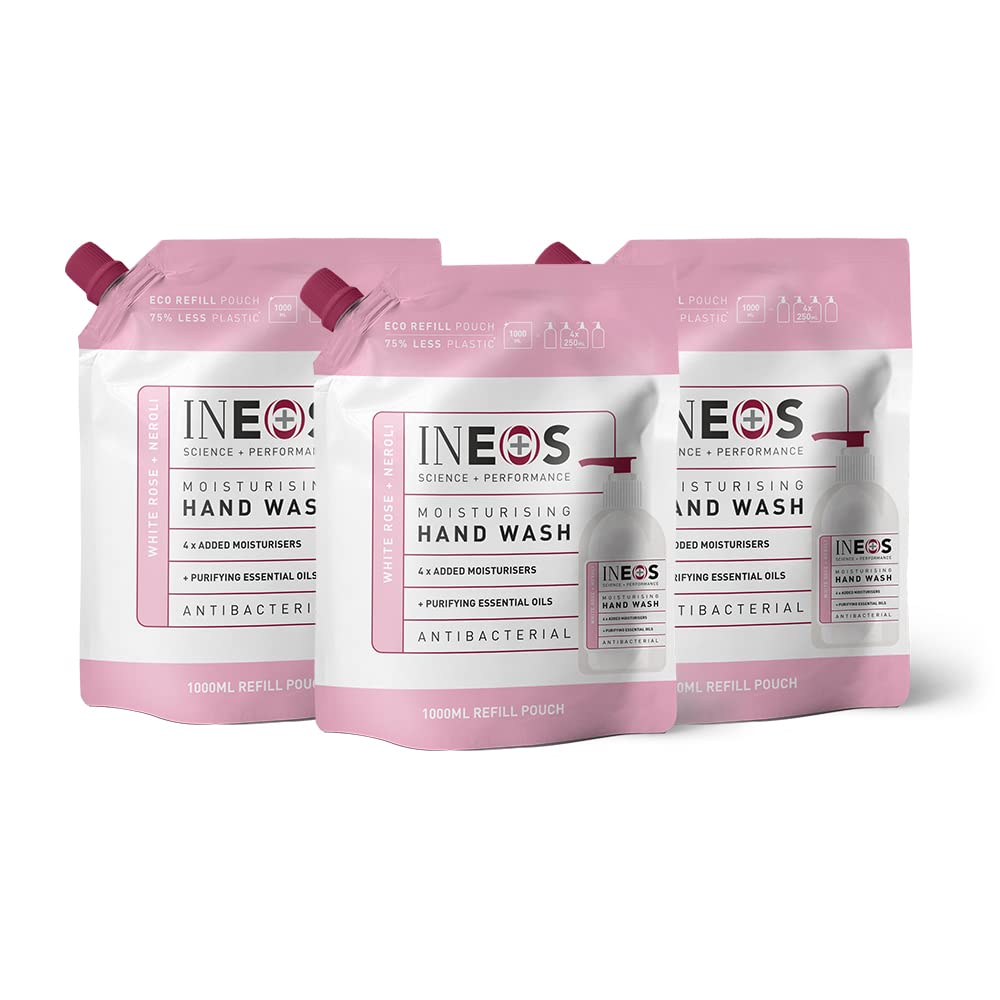 INEOS - Hand Soap Refills - Moisturising Handwash - White Rose + Neroli - Liquid - Cleansing – Pack of 3 x 1L, Packaging May Vary