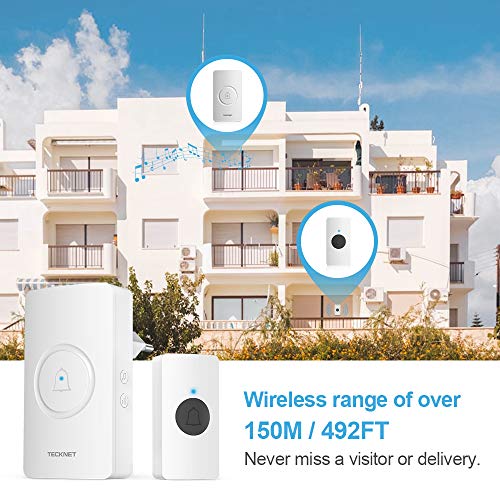 TECKNET Sonnette sans Fil, IP44 Sonnette sans Fil Exterieur Etanche à 300 Mètres de Portée, Sonnette de Porte Kit de Carillon avec LED Flash et 38 Sonneries 4 Niveau Volumes pour Entrepôt,etc