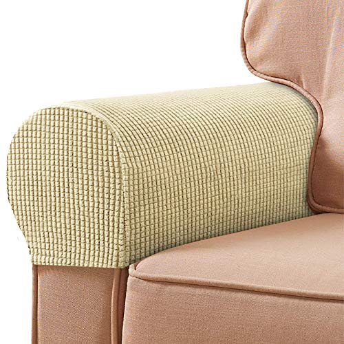 NEKOSUKI Arm Rest Covers Set, Set of 2 Stretch Armchair Covers for Arms, Spandex Polyester Sofa Arm Caps Non Slip Armrest Covers for Chairs Furniture Protector (Beige)