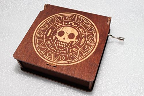 Pirate Coin Music Box - Pirates Of The Caribbean Davy Jones Locket Jack Sparrow - Engraved Wooden Box - Hand Crank Movement