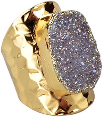 JAB 1 Piece Gold Plated Natural Agate Titanium AB Color Druzy Band Ring for Unisex