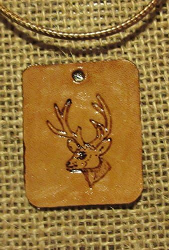 NECKLACE. Genuine Leather. DEER. Approximately 1.5" long x 1.5" wide. On 18 in. cord with lobster claw clasp and 2 in. extension. For Men or Women. Made in USA. FREE SHIPPING.