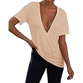 Womens Sexy Deep V Neck T Shirts Summer Oversized Short Sleeve Tee Tops