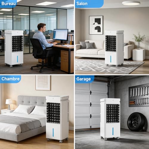 Climatiseur Mobile, Rafraichisseur d'air avec Réservoir de 12L, 8 Cristaux de Glace, 3 Modes, 12 Vitesses, Oscillation, Minuterie, Télécommand,Ventilateur Rafraîchissant pour Maison, Bureau