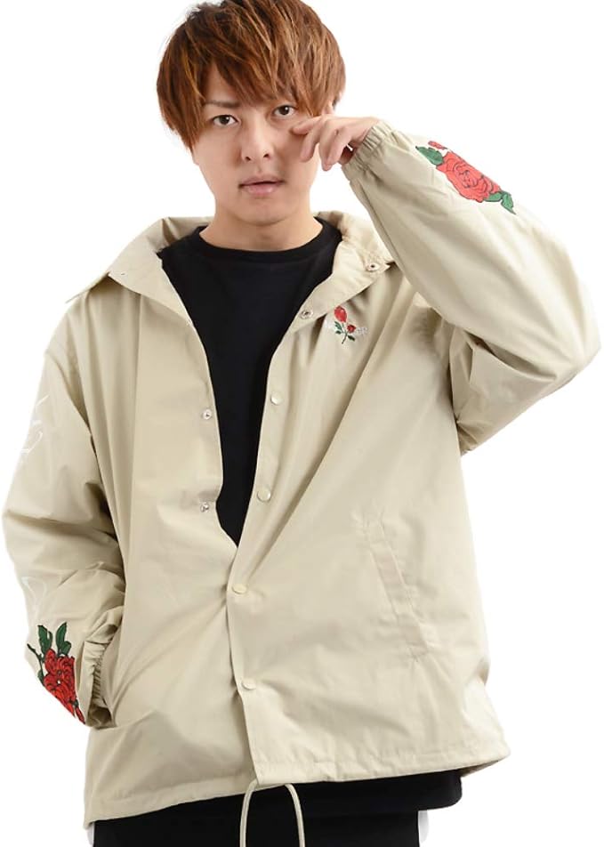 Amazon コーチジャケット アウター ビッグシルエット ストリート 薔薇刺繍 メンズ レディース ペアルック カップル お揃い 韓国ファッション 韓国 ファッション ブルゾン バラ 薔薇 黒 パープル ベージュ コート ジャケット 通販