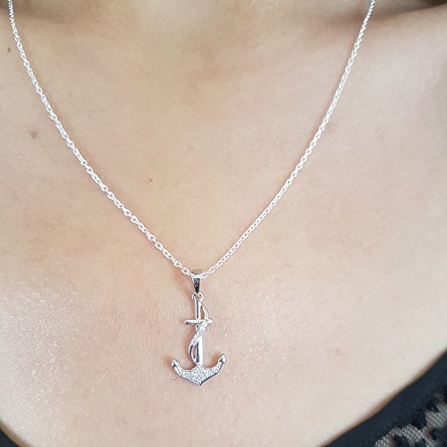 Dazzlingrock Collection 0.10 Carat (ctw) Round White Diamond Ladies Anchor Pendant 1/10 CT (Silver Chain Included), Sterling Silver