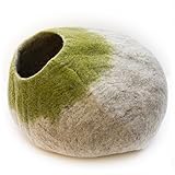 Kittycentric Cozy Cat Cave Bed - Handmade 100% Wool, Large (Light Tan/Green)