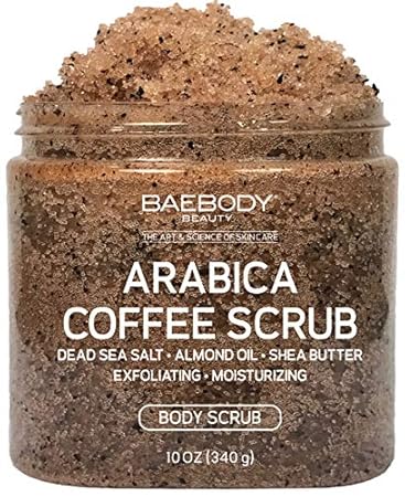 Baebody Arabica Coffee Scrub: Best Cellulite, Acne, Stretch Marks, Wrinkles Treatment. With Dead Sea Salt, Olive Oil, and Shea Butter. Natural Exfoliator, Moisturizer Promoting Radiant Skin 12oz