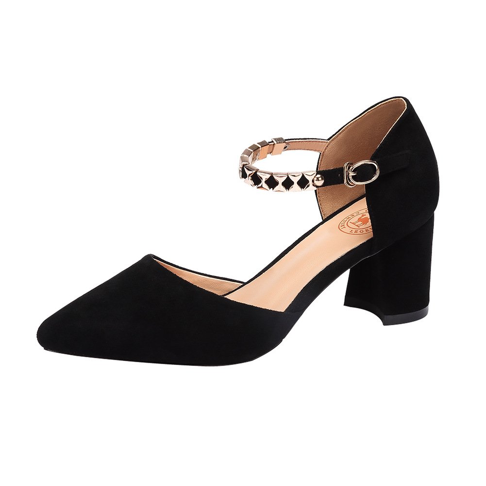 CAMEL CROWN Women\'s Elegant Pointy Toe Chunky Heel Dorsay Pumps with Ankle Straps Color 600 Black Size 8