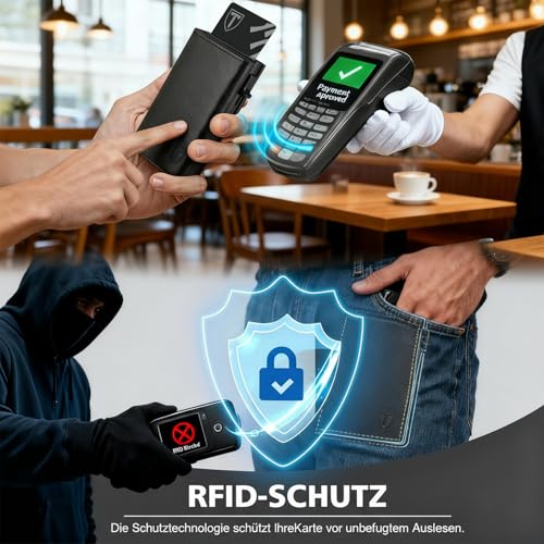Geldbörse Herren, Slim Wallet Geldbeutel mit Münzfach & RFID Schutz, Leder Portmonee, 8 Fächer für Kreditkarten, Kartenetui Herren, Geschenke zum Vatertag - Schwarz