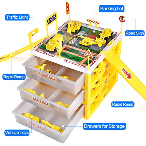 Construction Toys with 3-Level Car Parking Garbage Storage Box Toy Inculding Various Die-cast Construction Trucks, Parking Lot, Traffic Road Sins, Ramp Racing Set, Construction Birthday Party Supplie - Thumbnail 5
