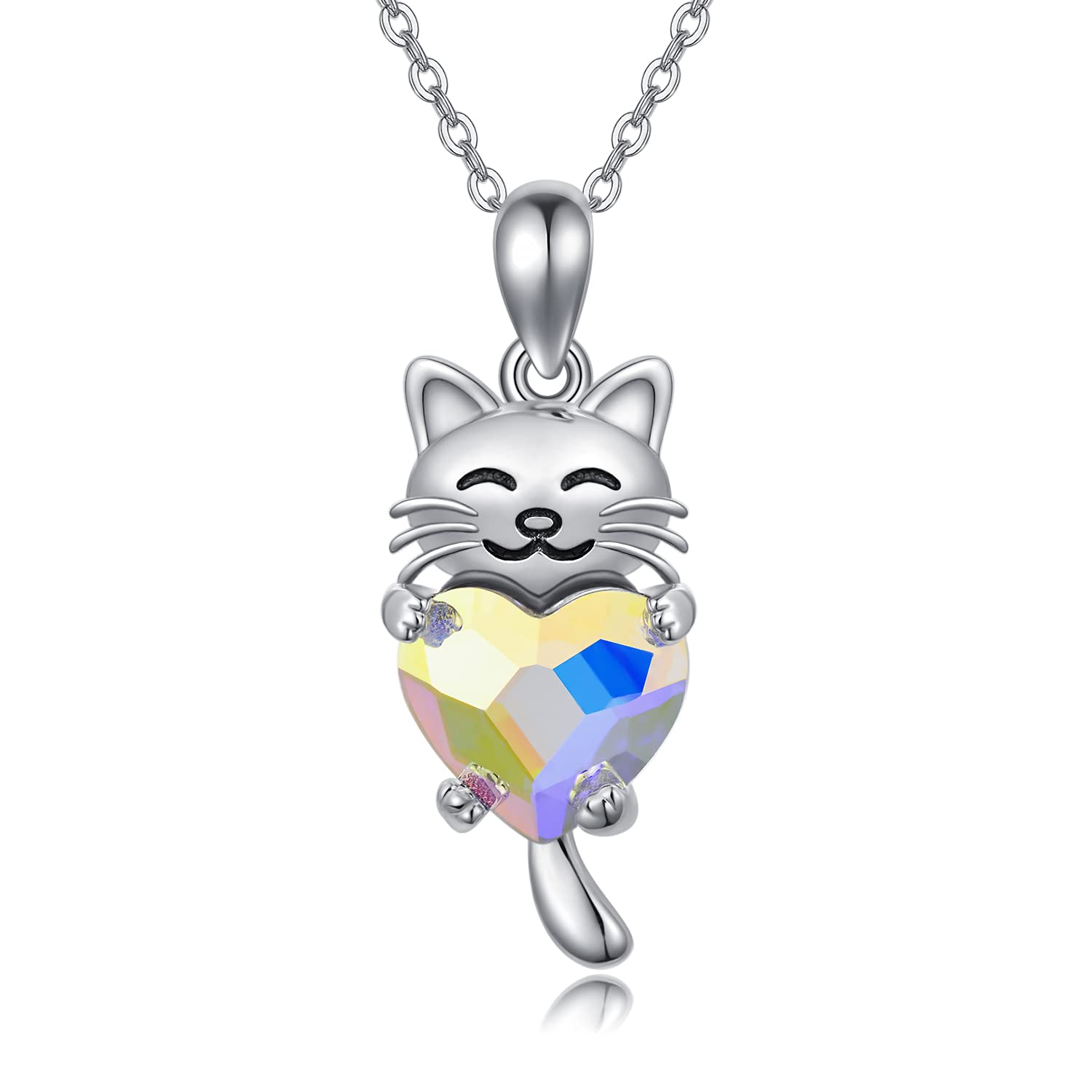 CHENGHONG Cat Necklace 925 Sterling Silver Cat Pendant Crystal Heart Pet Jewellery Gifts for Women Girls…