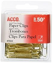ACCO Gold Tone Jumbo Paper Clips, Smooth Finish, Steel Wire, 20 Sheet Capacity, 50 Clips per Box (A7072532)