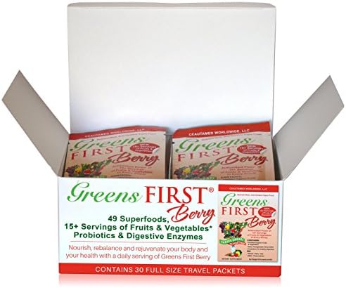 Greens First Berry - 30 Count Travel Packets - 49 Superfoods, 15+ Servings of Fruits & Vegetables, Probiotics & Digestive Enzymes