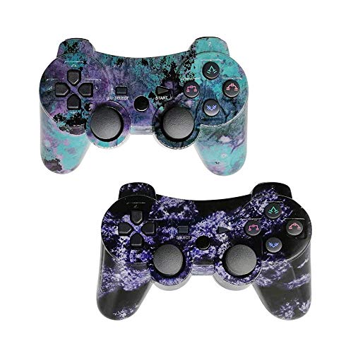 ISHAKO Double Shock PS3 Controller Wireless 2 Pack Bluetooth 6-Axis Gamepad Remote for Playstation 3 with Charge Cable (Purple Cloud + Bronze)