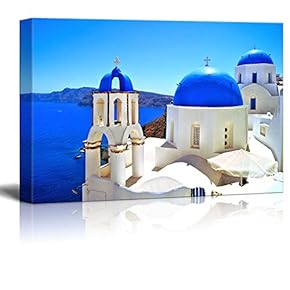 Canvas Prints Wall Art - Beautiful Blue Dome Churches of Santorini, Greece | Modern Wall Decor/Home Art Stretched Gallery Wraps Giclee Print & Wood Framed. Ready to Hang - 12" x 18"