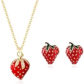 Dreuyet Red Strawberry Earring And Necklace Set for Women Exquisite Cute Fruits Stud Earrings Funny 3D Sweet Strawberry Pendant Neckaces Summer Vacation Jewelry Gifts