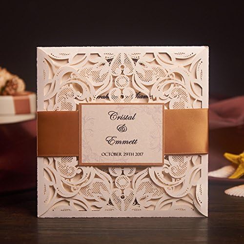 YUWED 50x Cream Laser Cut Wedding Invitations Card Kit with RSVP Cards,Birthday Party Baby Shower Graduation Invitations with Gold Ribbon (Cream)