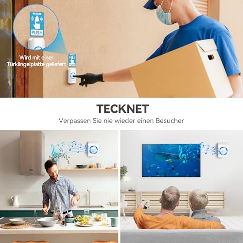 TECKNET Wireless Bell, IP65 Wireless Bell Set, Outdoor Waterproof, Wireless Doorbell 600 m Range, Front Door Bell, 2 Transmitters, 4 Plug-In Receivers, 60 Melodies Doorbell and Bell Push with LED Flash