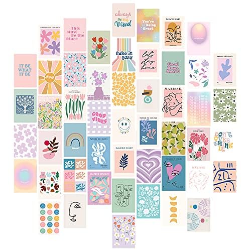 DAWRIS Preppy Aesthetic Room Decor for Teen Girls and Women, 50pcs Danish Pastel Wall Posters for Bedroom, Wall Collage Kit Aesthetic Pictures, Abstract Wall Art for Wall Decor