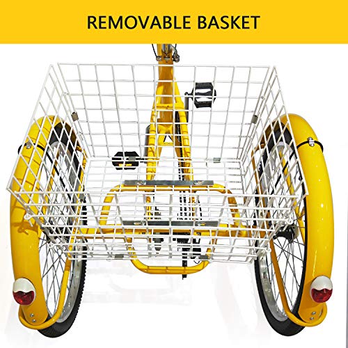 SURPCOS Adult Tricycle Cruise Bike Full Size 3 Wheeled Trike Bicycle with Wire Shopping Basket (Yellow, 7-Speed, 24" Wheel) - Thumbnail 5