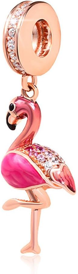 925 Sterling Silver Flamingo Pendant Charms for Bracelelts Necklace Rose Gold Plated with Enamel