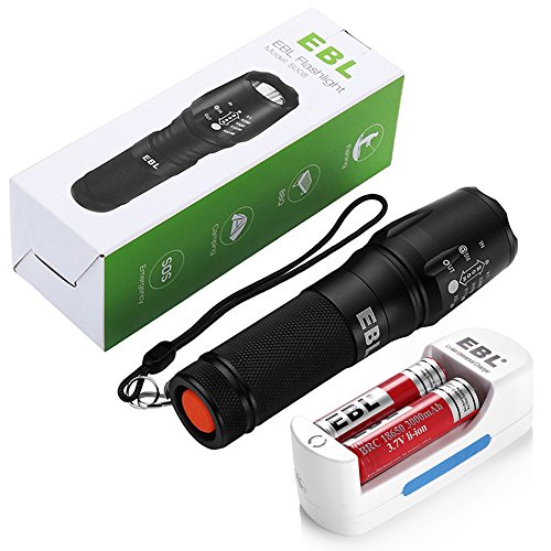 EBL LED Tactical Flashlight, Adjustable Focus and 5 Light Modes Waterproof Torch with 839 Battery Charger and 2 packs 3.7V 18650 Rechargeable Batteries - Upgraded