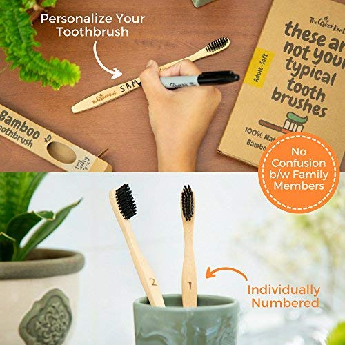 Natural Bamboo Charcoal Toothbrush For Adults W/BPA Free Nylon Bristles, Individually Numbered Pack of 4, Organic & Compostable toothbrushes, Plastic Free Packaging
