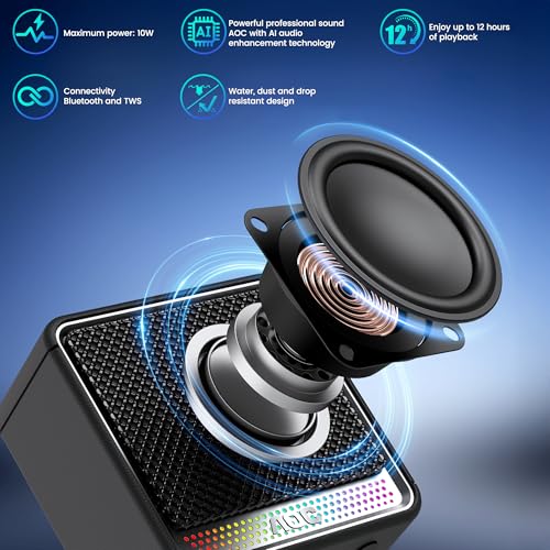 AOC ACS2311 Caixa de Som Portátil, Caixa de Som Bluetooth, à Prova d'Água IPX5, 12 Horas de Reprodução,Som Limpo e Potente, Emparelhamento Estéreo Sem Fio, Ideal para Casa e Viagens