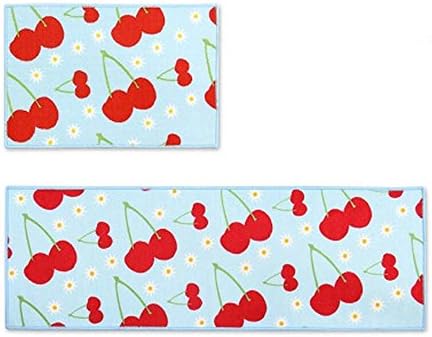 2pcs/set Non Slip Kitchen Floor Mat Durable Entrance Doormats Absorbent Carpets for Bedrooms Bath Rugs and Mats Set (15"x47"+ 15"x23" Inch) (Blue-cherry)
