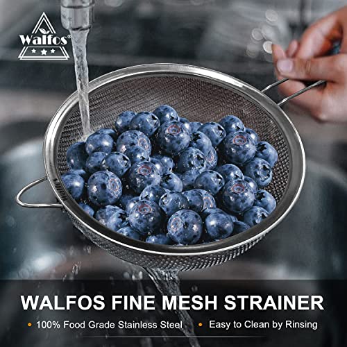 Walfos Fine Mesh Strainers Set, Premium Stainless Steel Sieve and Sifter with Sturdy Handle, Metal Kitchen Strainers Perfect for for Food, Rice, Quinoa, Fruit, Tea, Flour- 3 Sizes